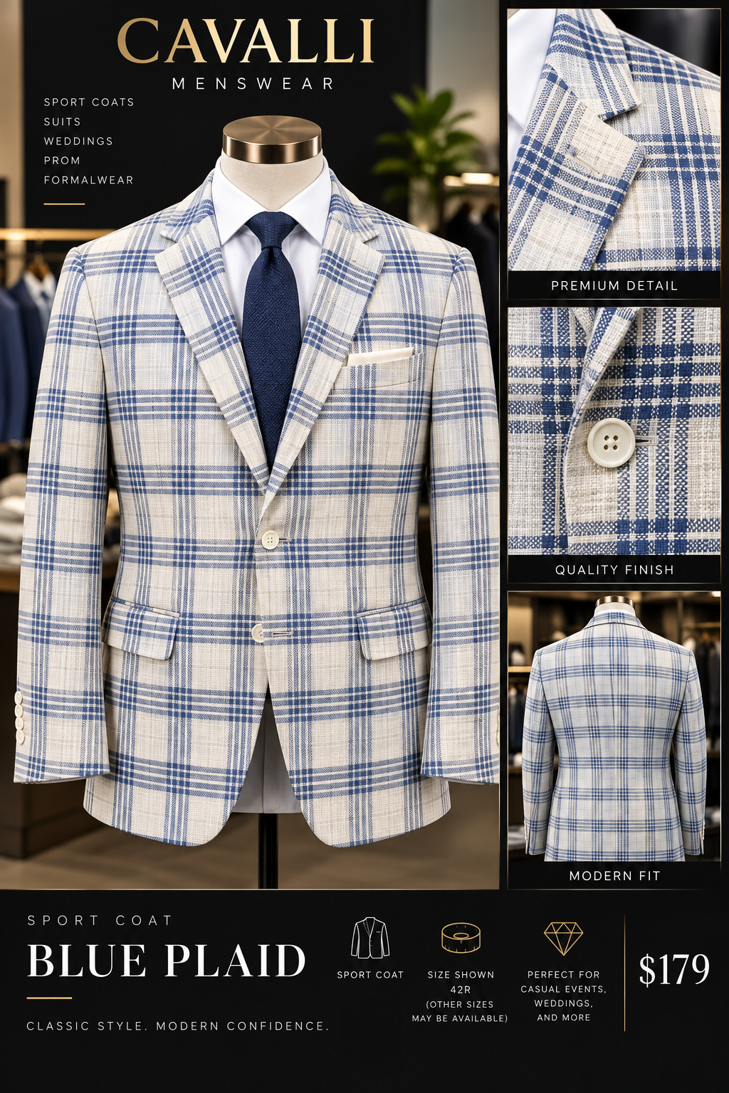 Blue Plaid Sport Coat Size 42R