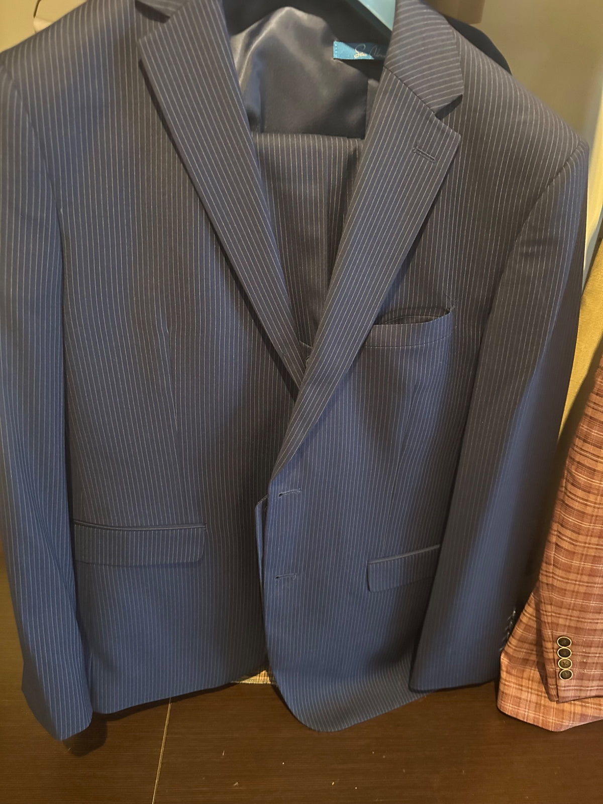Navy Blue 3-Piece Pinstripe Suit — actual garment photographed in store