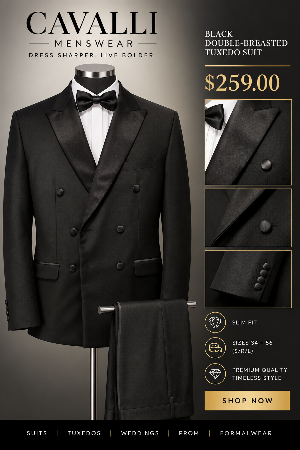 Cavalli Menswear Black Double-Breasted Tuxedo Suit - $259