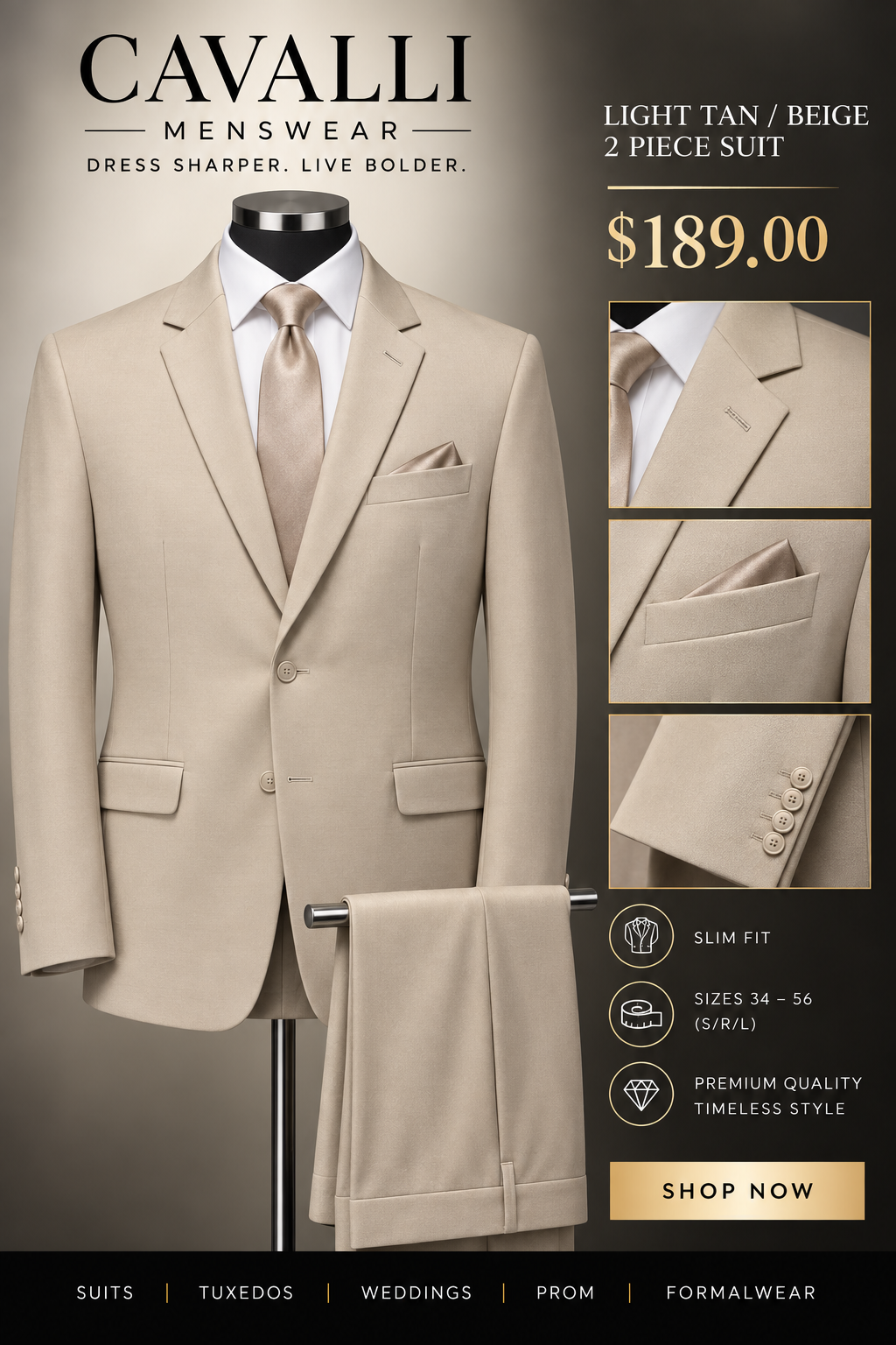 Cavalli Menswear Light Tan Beige 2 Piece Suit - $189