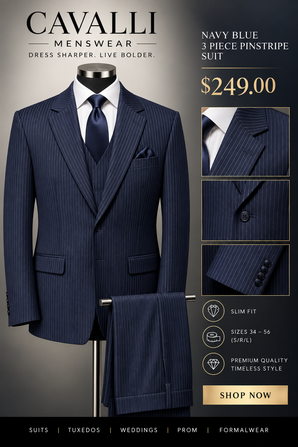 Cavalli Menswear Navy Blue 3 Piece Pinstripe Suit - $249