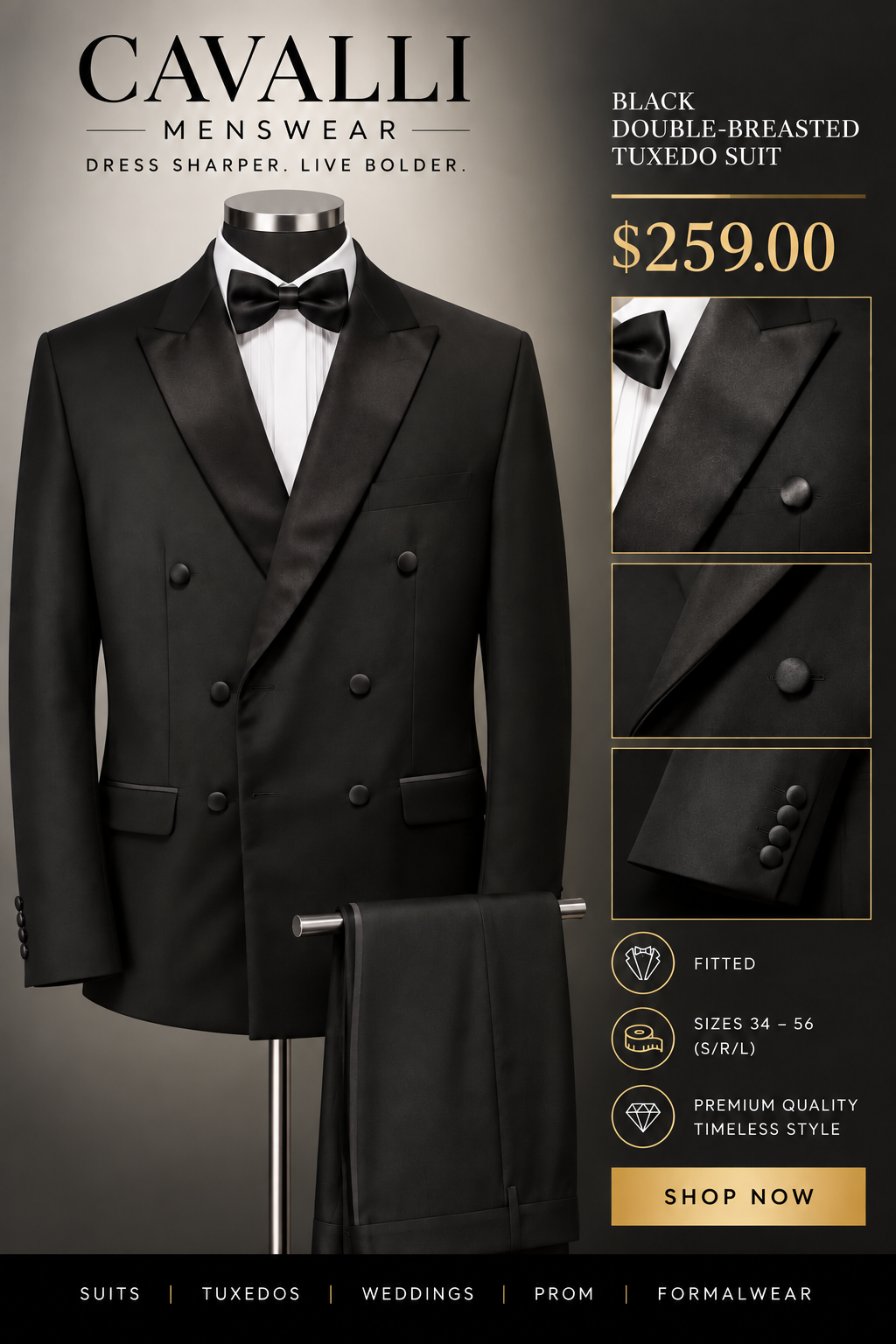 Black Double-Breasted Tuxedo Suit — fitted style