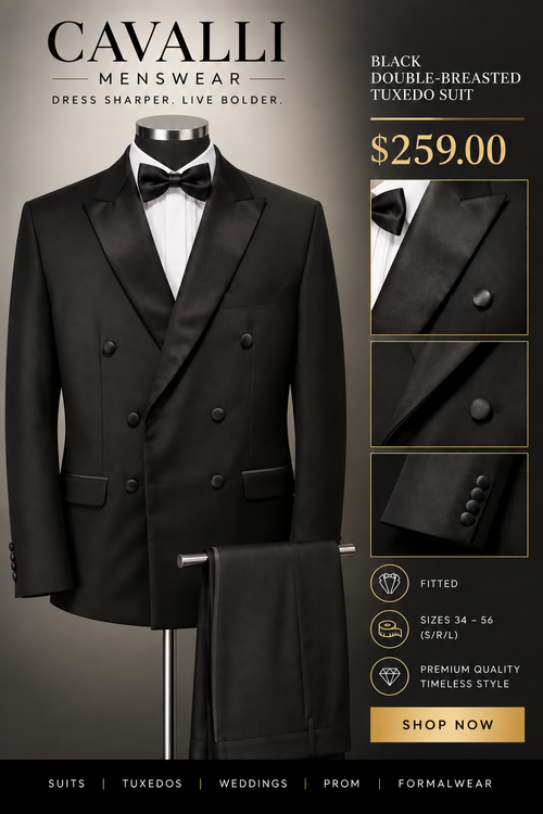Black Double-Breasted Tuxedo Suit — fitted style