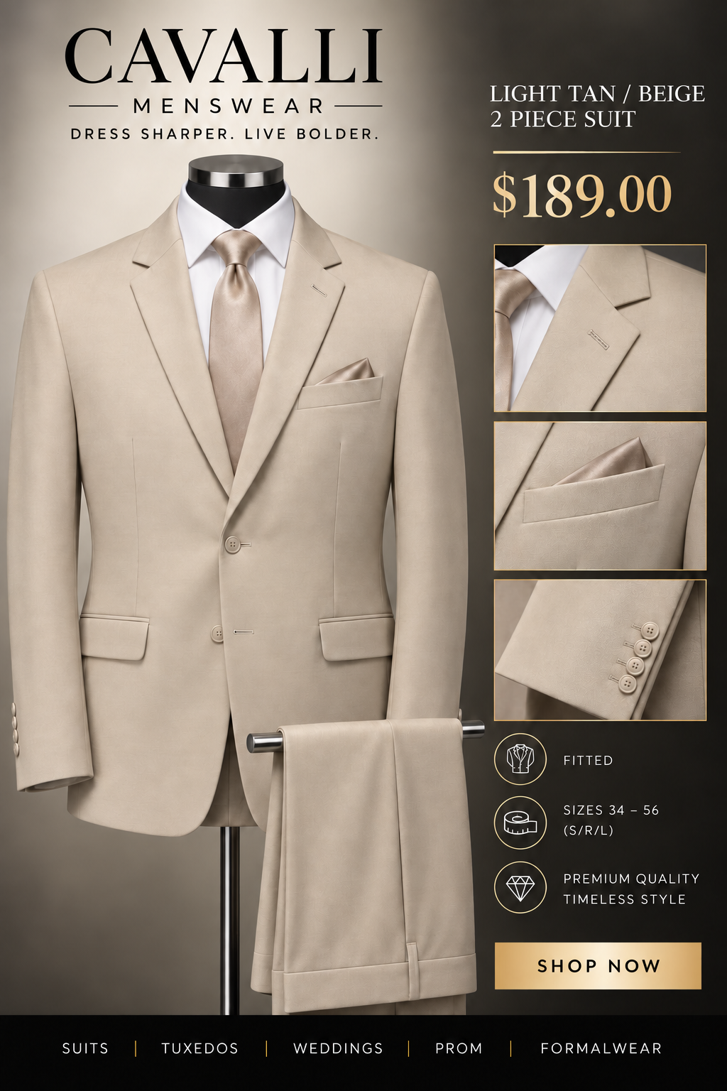 Light Tan / Beige 2-Piece Suit — fitted style