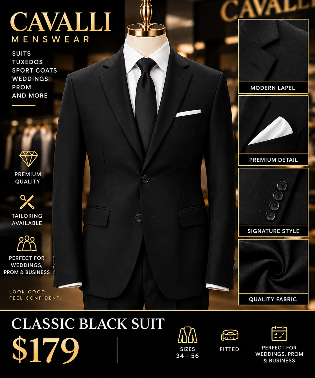 Classic Black Suit — fitted style, $179