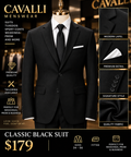 Classic Black Suit — fitted style, $179