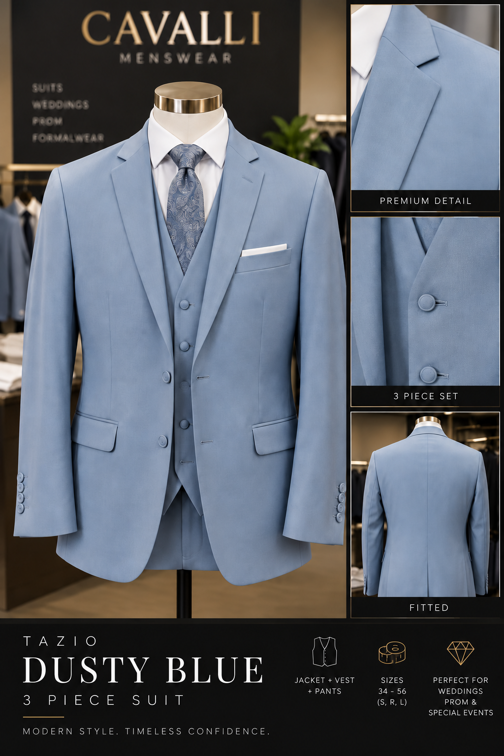 Dusty Blue 3-Piece Suit — fitted style