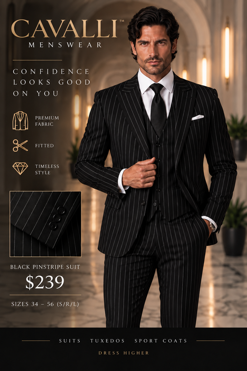 Black Pinstripe Suit — fitted style