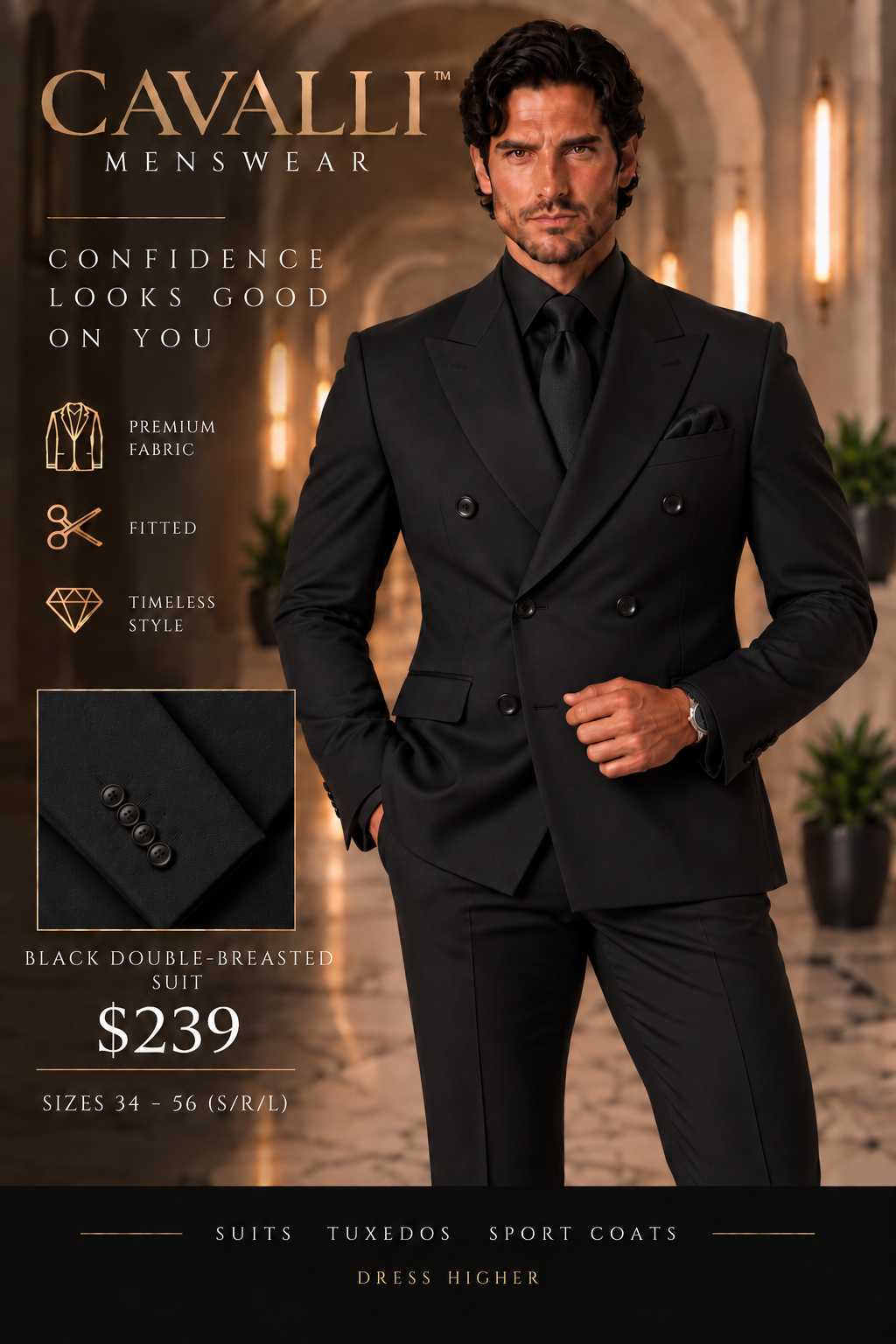 Black Double-Breasted Suit — fitted style
