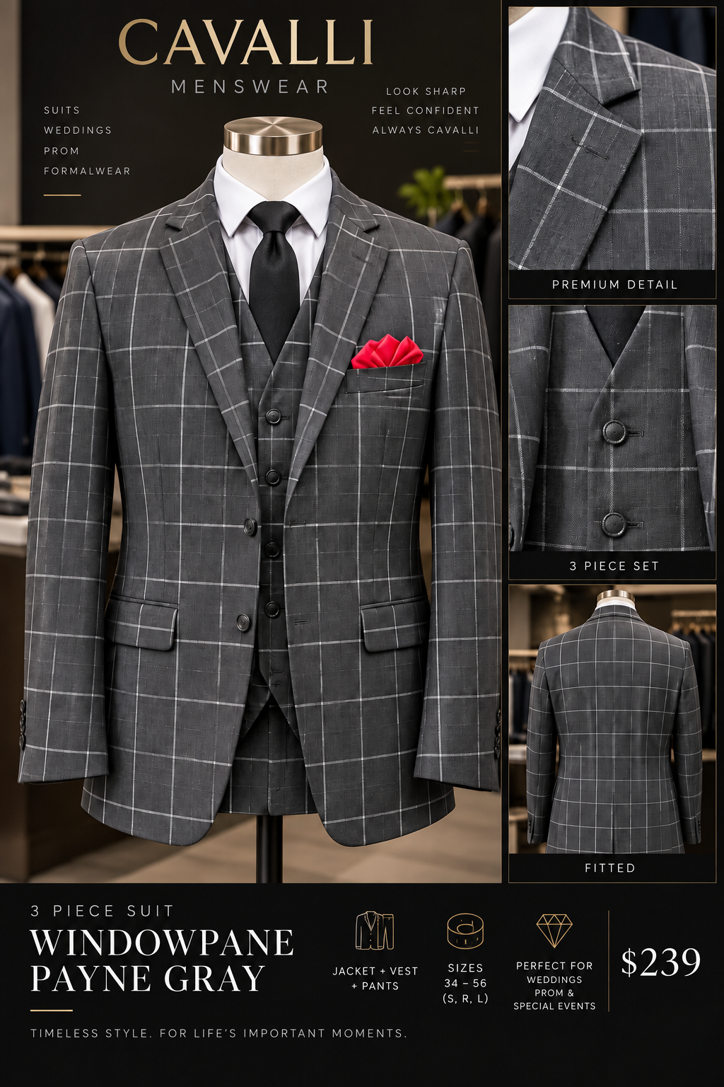 Windowpane Payne Gray 3-Piece Suit — fitted style