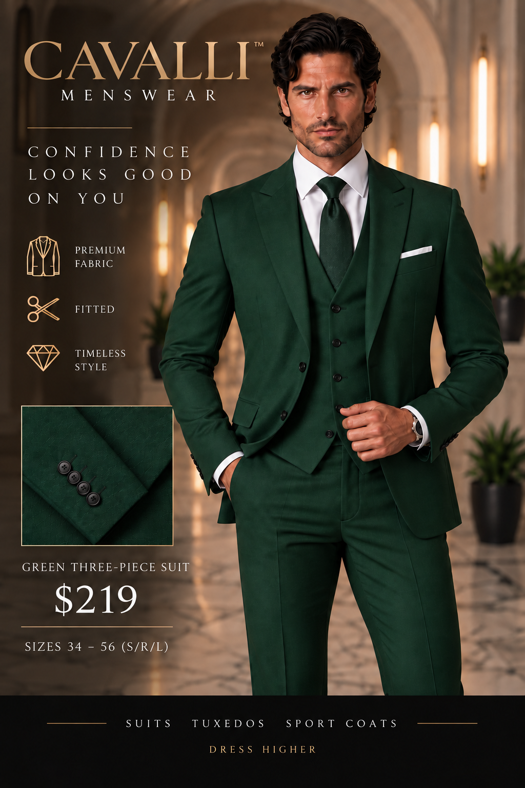 Green Three-Piece Suit — fitted style