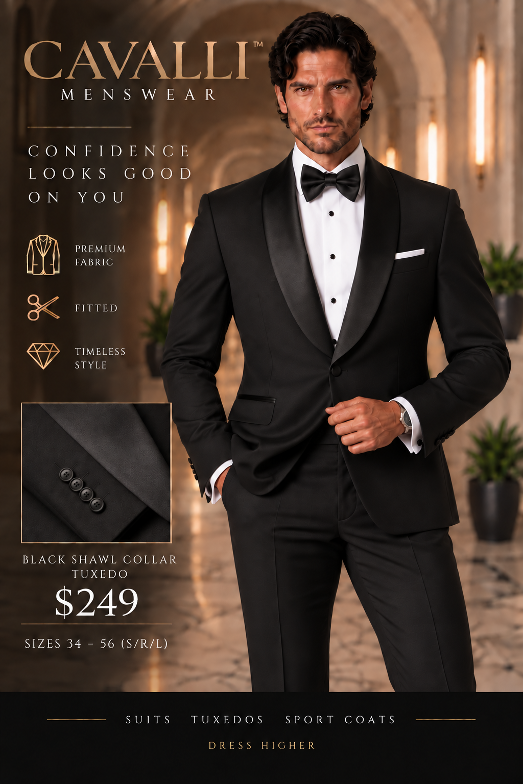 Black Shawl Collar Tuxedo — fitted style