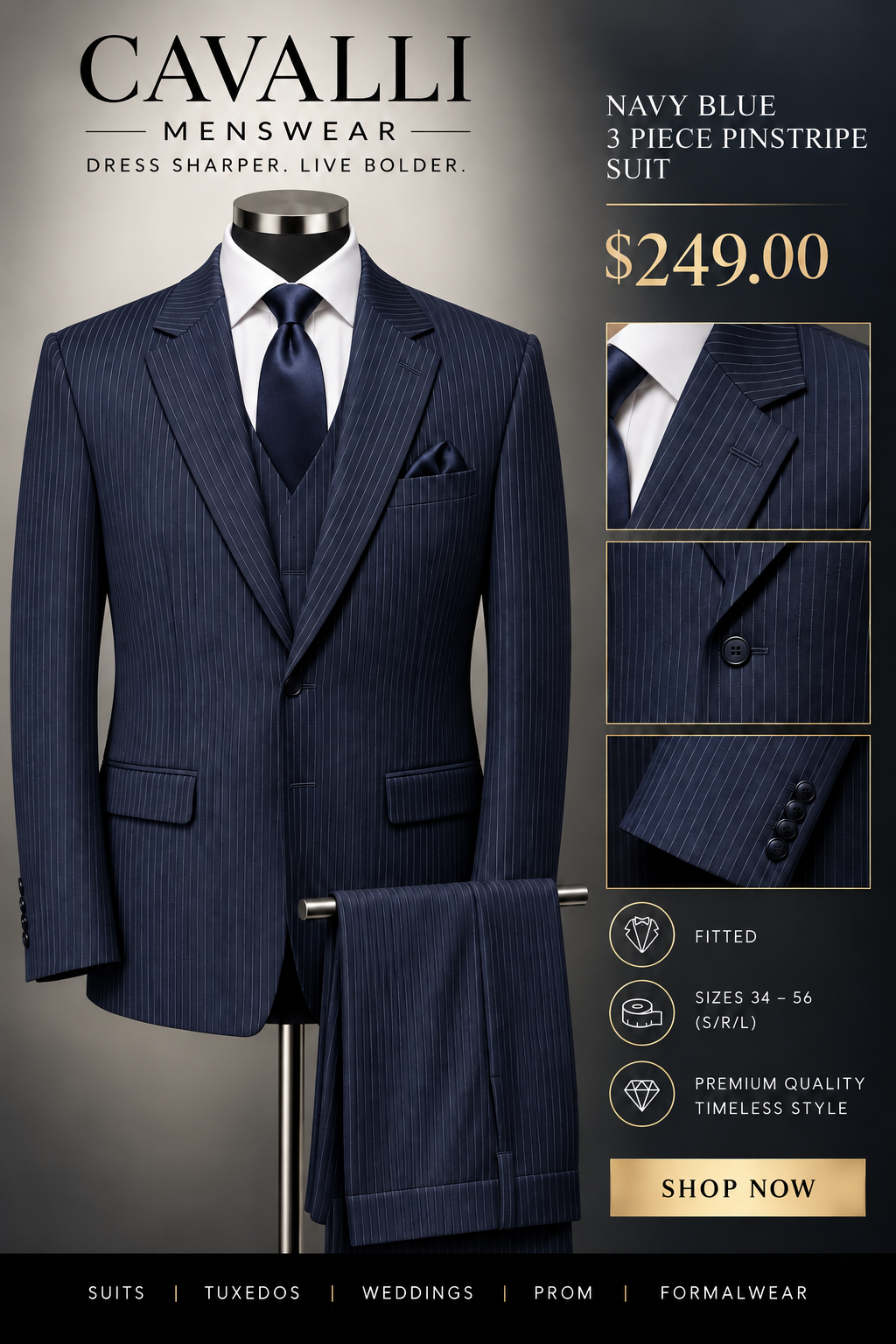 Navy Blue 3-Piece Pinstripe Suit — fitted style