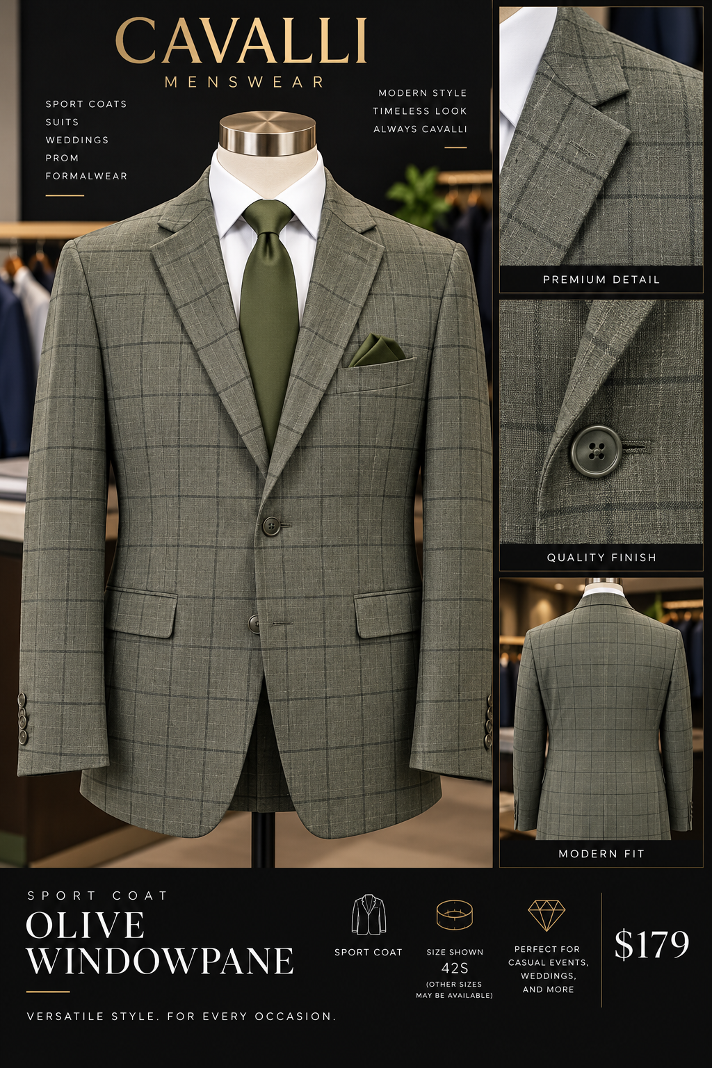 Olive Windowpane Sport Coat Size 42S