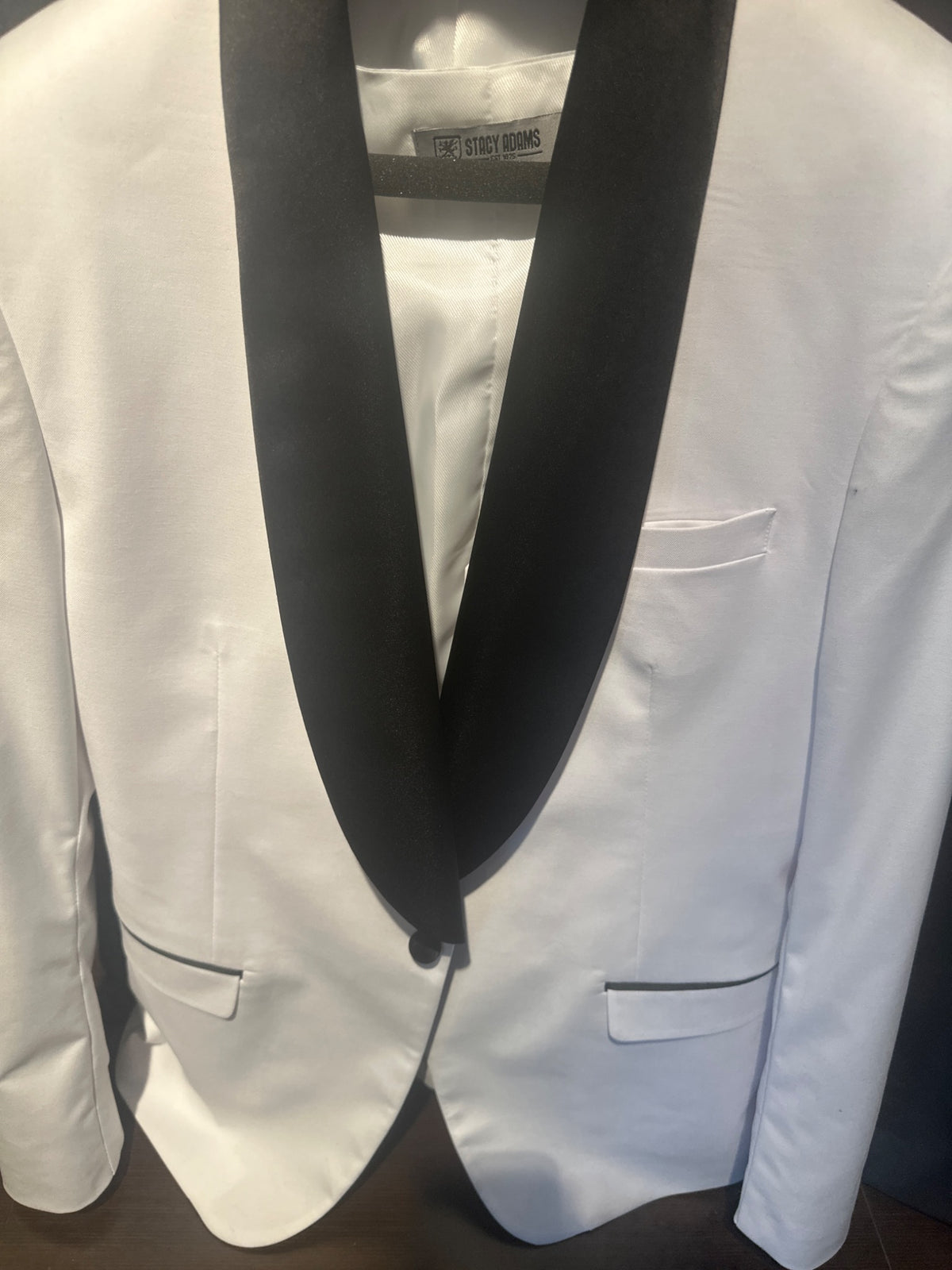 White tuxedo jacket with black shawl collar