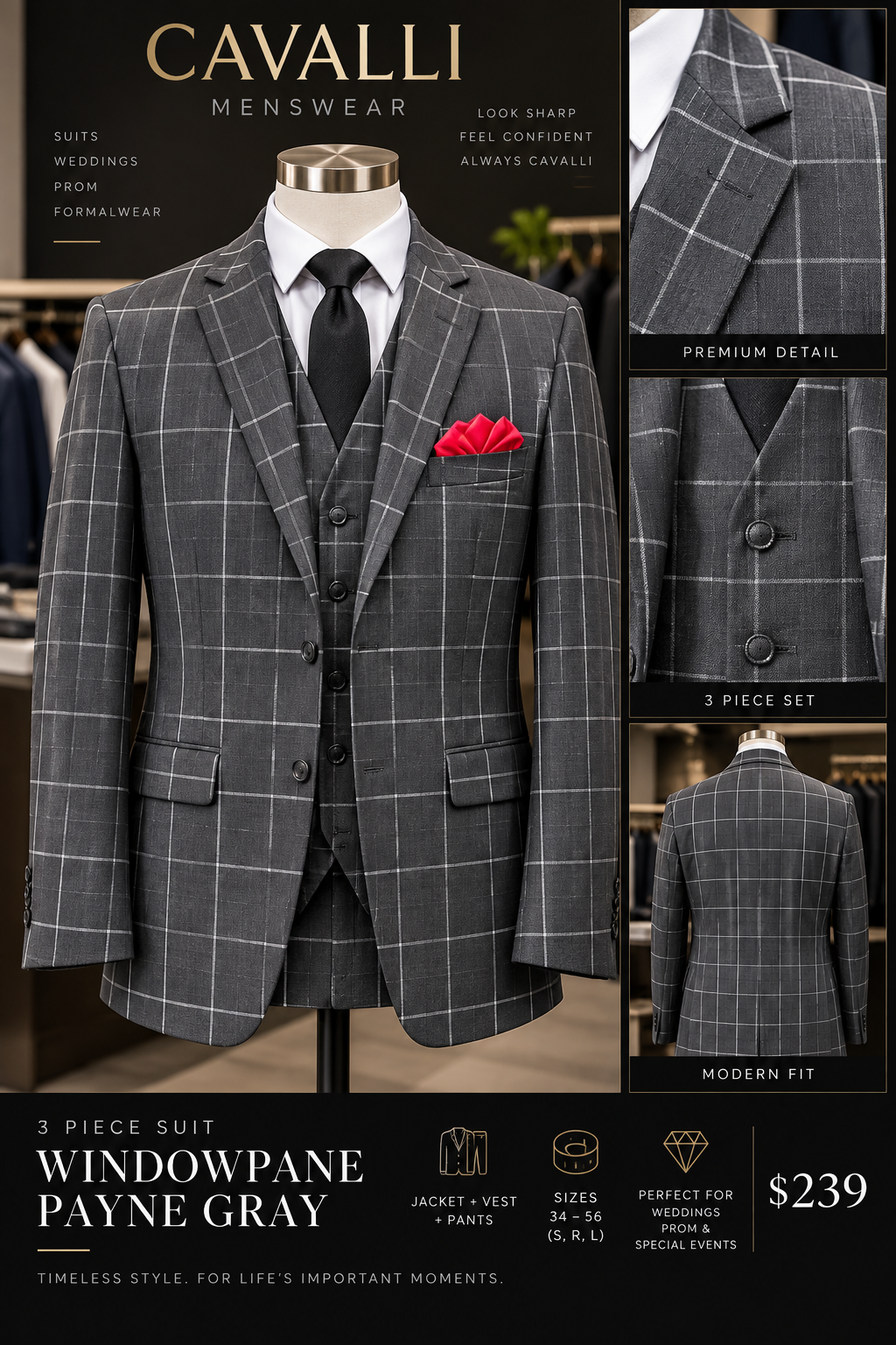 Windowpane Payne Gray 3 Piece Suit